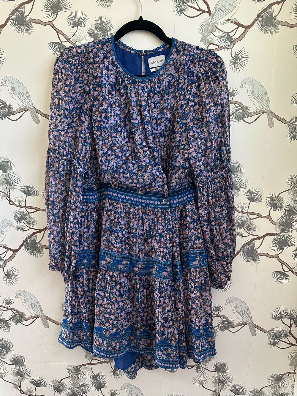 Saylor Blue Floral Metallic Lurex Tiered Mini Dress Size S